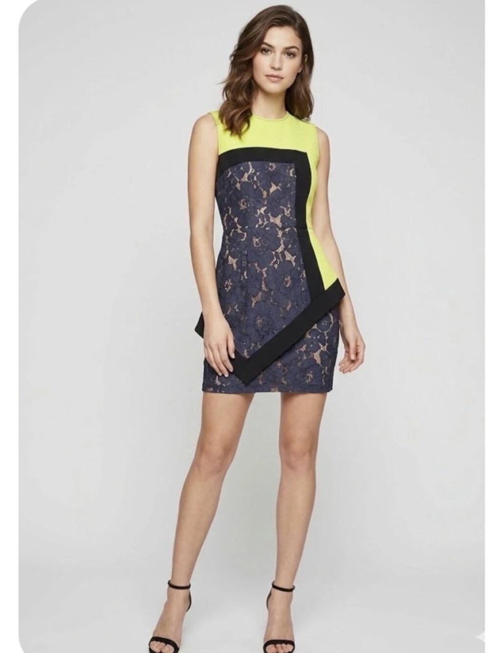BCBG Max Azria Color-Block Blue Lace Asymmetrical Sheath Cocktail Dress